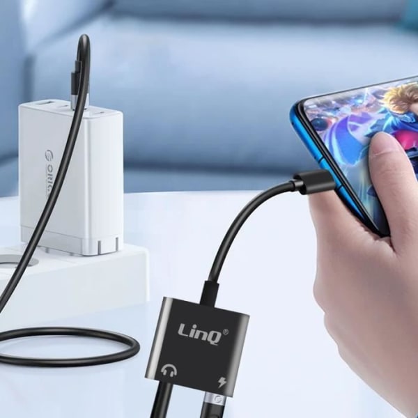 LinQ USB-C til 3,5 mm lydstik og USB-C hun-opladningsadapter Sort