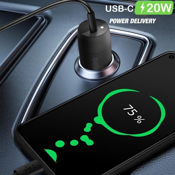 Belkin 20W Strømforsyning Kompakt Hurtigopladning USB-C Biloplader Sort