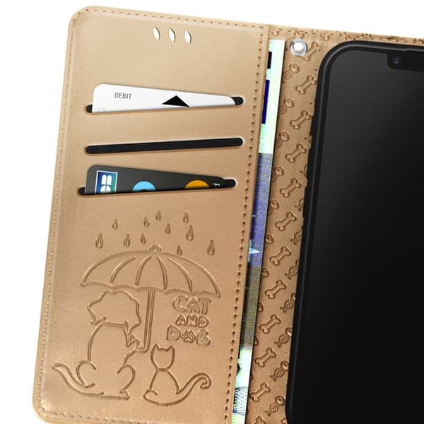 Hus til iPhone 16e Design Kat og Hund Lommebog Guld Gul