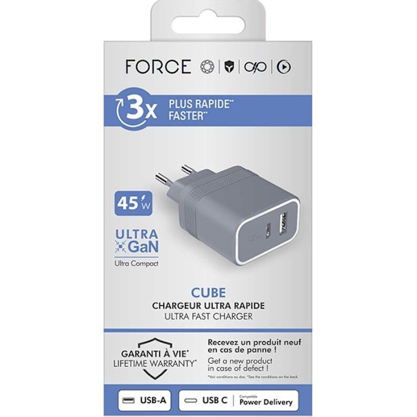 "Smartphone-lader USB A + USB C Cube 45W Power Delivery UltraGaN Grå" Grå