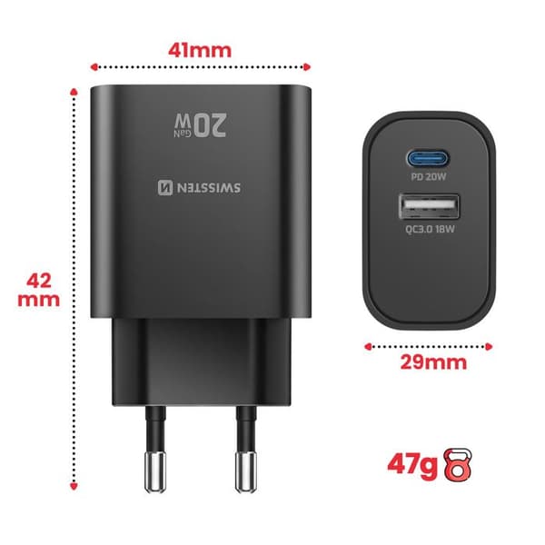 USB-C 20W Power Delivery og USB-A Quick Charge 3.0 18W Swissten Sort Svart