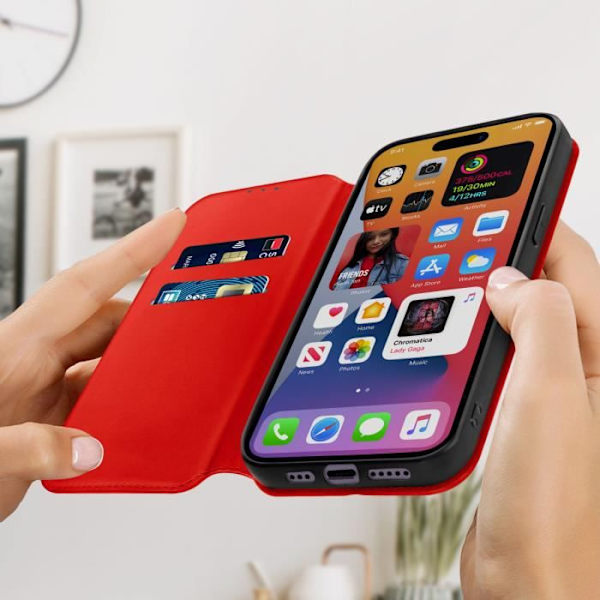Folioskal - AVIZAR - iPhone 14 Pro - Fullständigt skydd - Stativfunktion - Korthållare Röd