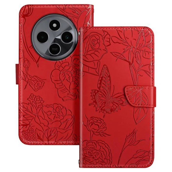 Kotelo Xiaomi Redmi 14C:lle - AVIZAR - Butterfly Flower Wallet - Punainen - Puolijäykkä - Kiiltävä Röd