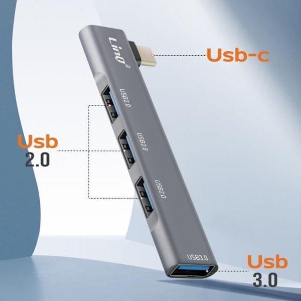 4 in 1 USB C HUB -sovitin, jossa 3 x USB 2.0 ja 1 x USB 3.0 5 Gbps OTG LinQ Silver