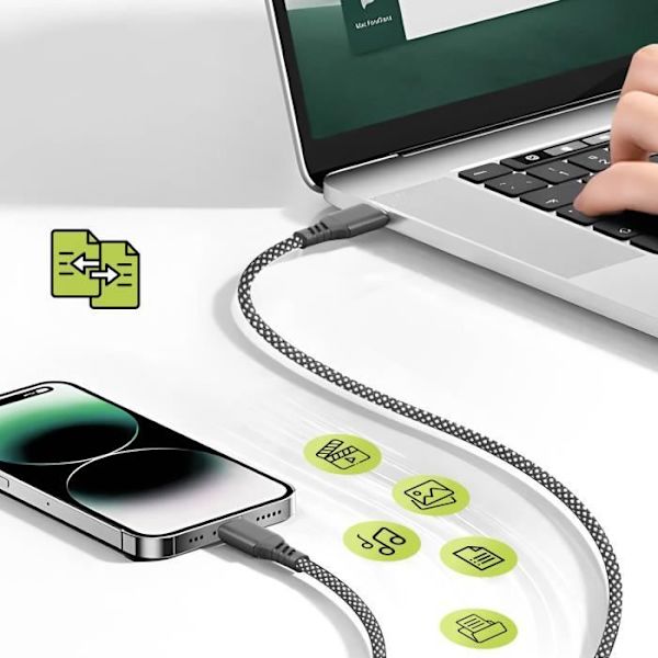 Laddkabel - MOXIE - USB-C till Lightning - 2m - Flätad nylon - Kompatibel iPhone 14/13/12/11/X Svart