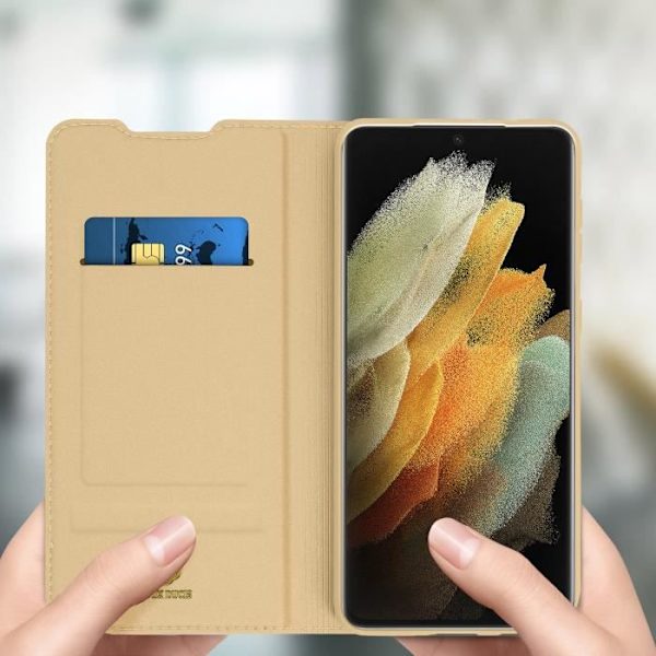 Fodral för Samsung Galaxy S21 Ultra - DUX DUCIS - Ekologiskt läder - Gul - Kortfack - Videostöd Guld