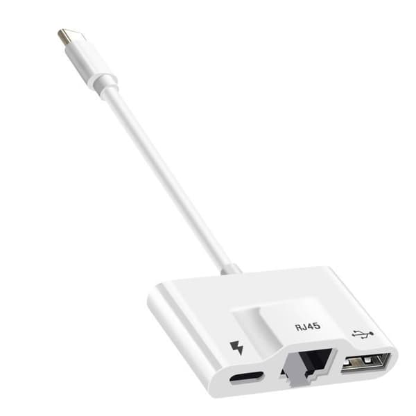 USB-C til Ethernet / USB / USB-C Adapter Kompakt Plug and Play Hvid