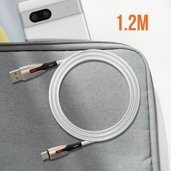 USB til USB-C-kabel - LinQ - 1,2 m - Hurtigopladning 5A - Nylonvævet - Grå Vit