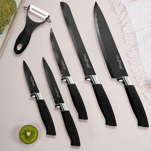 Knivsæt - Cheffinger - 6 stykker - Rustfrit stål - Magnetisk æske - Sort Svart