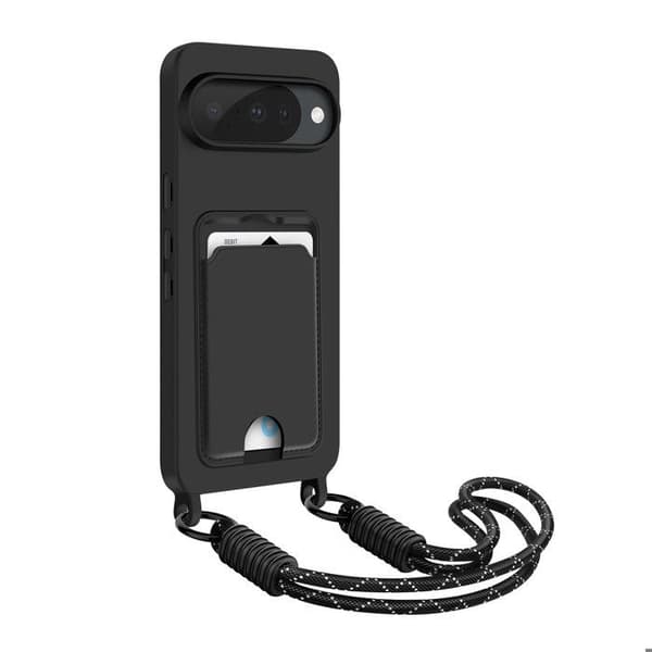Cover - ADVARSEL - Google Pixel 10 - Silikone Blød - Kortholder - Ultra Stærk Rem Sort