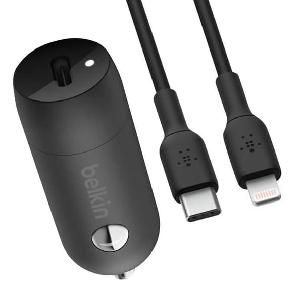 USB-C biloplader - BELKIN - BoostCharge - 30W - Lightning kabel 1m - Sort Svart
