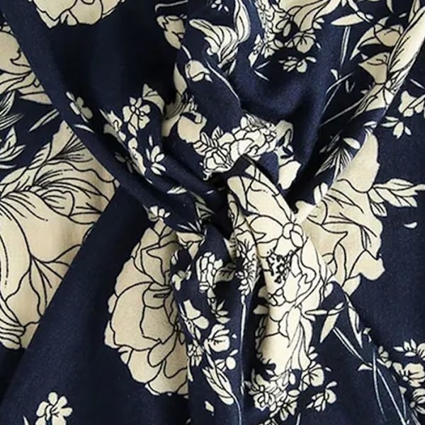 Bandeau Kryds til Hår i Blødt Blomster- og Bladtryk i Marineblå Blå