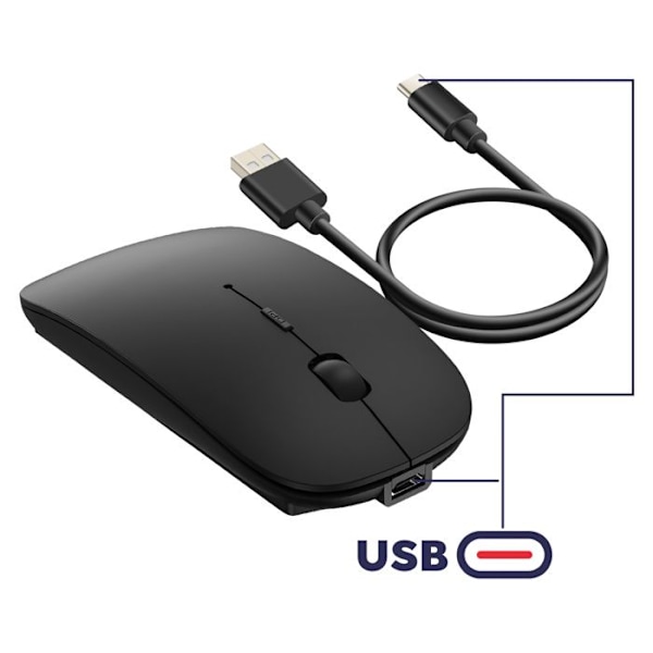 Bluetooth-langaton hiiri ja USB 2.4G -dongle, kompakti ladattava wiwu musta