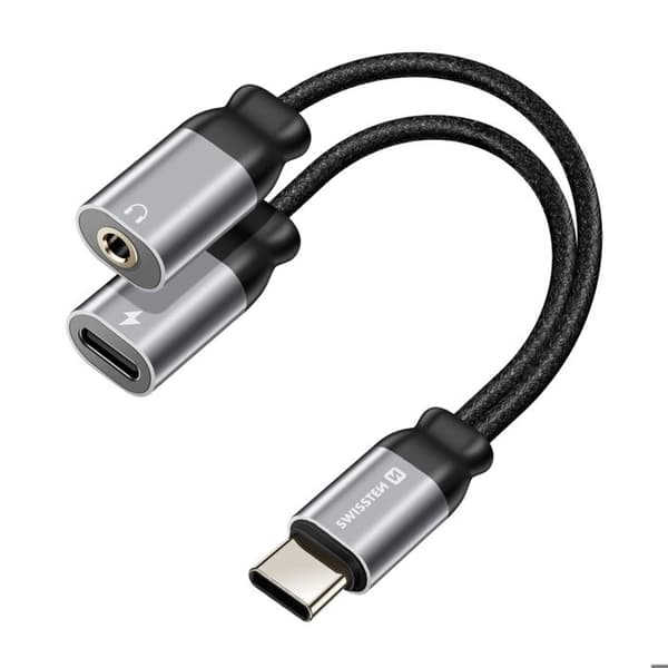 USB-C-adapter - SWISSTEN - 2-i-1 - Ljud 3.5mm - Flätad Nylon - Samtidig laddning