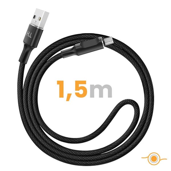 USB-A til Micro-USB-kabel med LED og stabil opladning 2,4A nylonvævet 1,5m sort