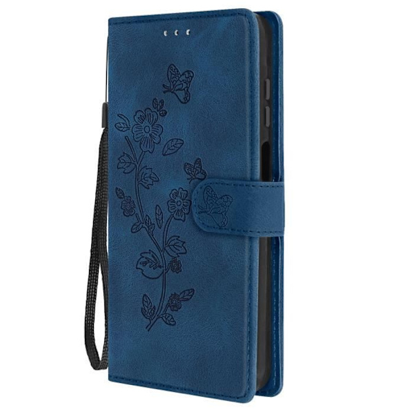 Fodral för Samsung Galaxy A15 5G Flower Wallet med handledsrem midnattsblå