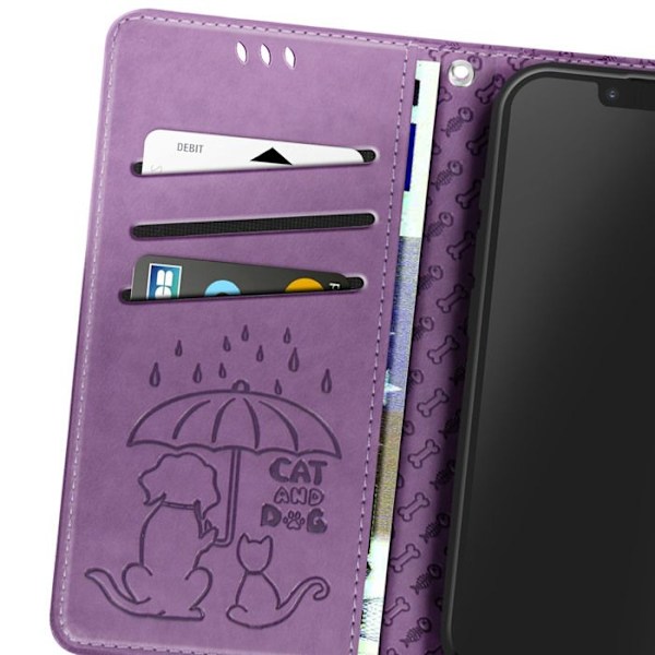 iPhone 16e kuori Kissa ja Koira Lompakko Violetin kannen kanssa Lila