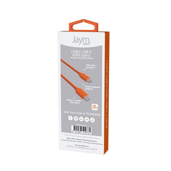 USB-C -kaapeli USB-C:hen 3A Lataus ja Synkronointi POP-kokoelma 1,5m Jaym Oranssi Orange
