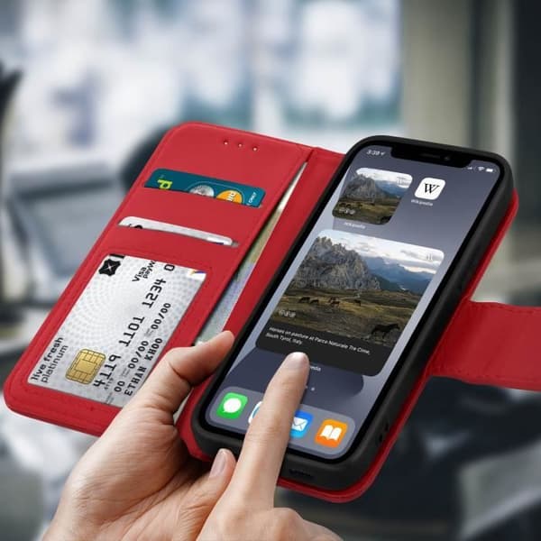 iPhone 12 Pro Max Nahkakotelo Korttipidike Premium Tuki Punainen Röd
