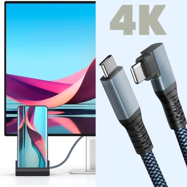 3 i 1 USB-C-kabel 100W Laddning 4K-upplösning 20Gbps Överföringsvinklad 2m Grå