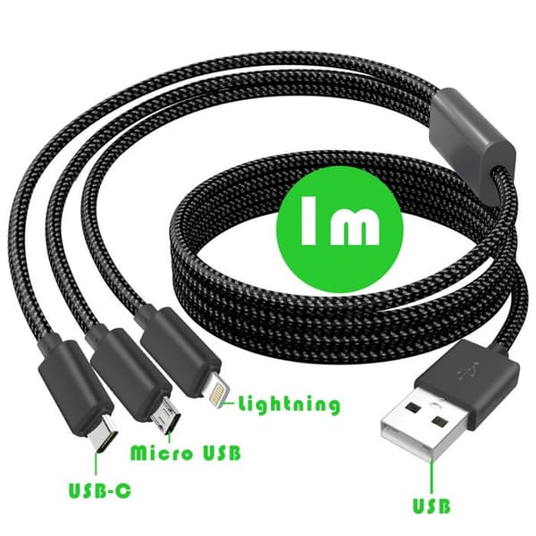 Pakke Biltilbehør med USB-C Oplader + 3-i-1 Kabel og Sort Stativ Svart