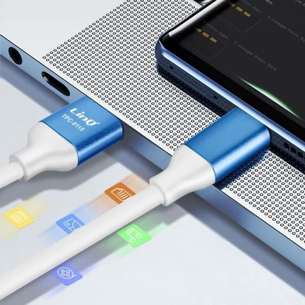 USB-USB C-kaapeli Pikalataus 3A Synkronointi Pituus 1,5 m LinQ Sininen Blå