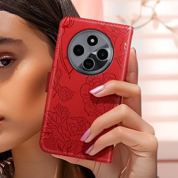 Taske til Xiaomi Redmi 14C - AVIZAR - Butterfly Flower Wallet - Rød - Halvstiv - Blank Röd