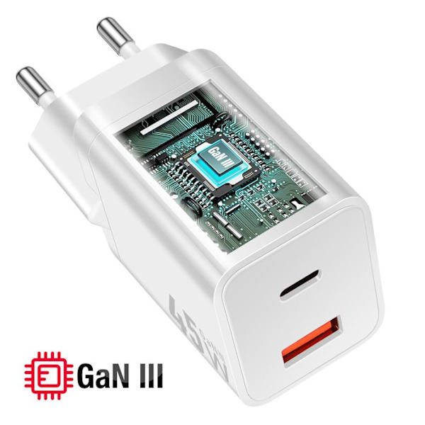 Lader - FORCELL - Forcell - 45W - GaN III - USB-C og USB-A Vit