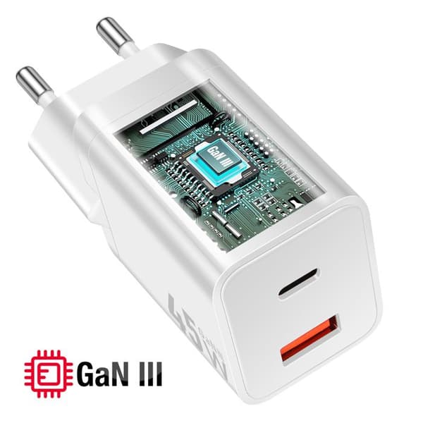 Laturi - FORCELL - Forcell - 45W - GaN III - USB-C ja USB-A Vit