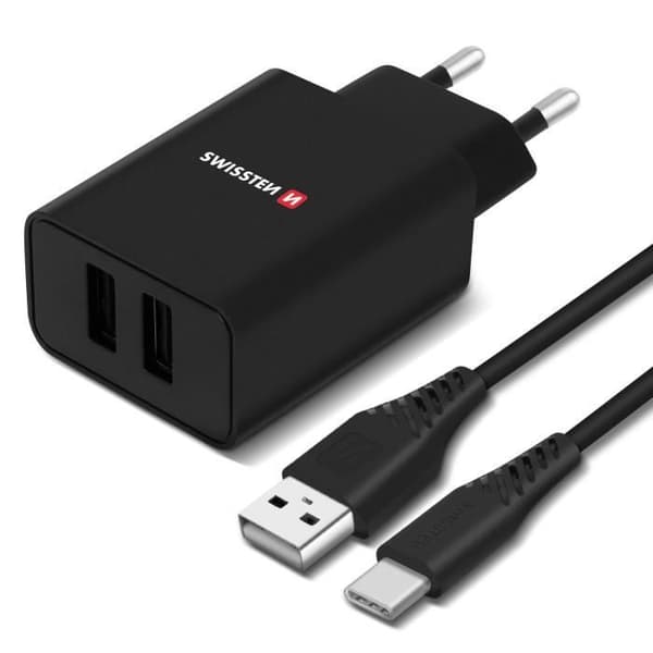 Dobbelt USB-netoplader - Swissten - Sort - 2.1A - 1.2m USB-C-kabel - Smart IC Svart