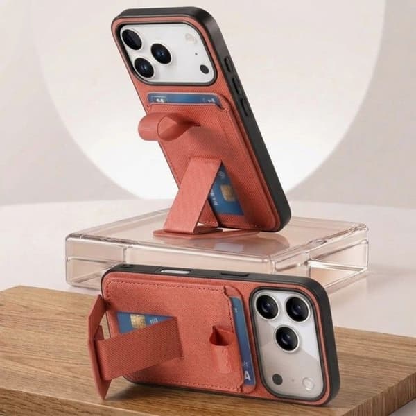 iPhone 17 Pro Max Cover med Stofeffekt, Støtte og Kortholder i Orange Apelsin