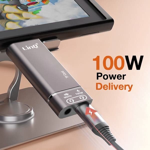 Mini Hub USB-C til Audio Jack 3.5mm Micro SD og USB-C 100W LinQ Grå