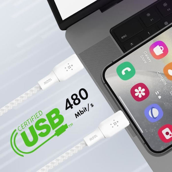 USB-C till USB-C-kabel 100W Nylonflätad 2 meter Belkin Vit Vit