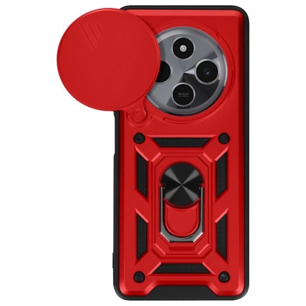 Coque pour Xiaomi Redmi 14C Bague Support Cache Caméra Coulissant Mayaxess Rouge Röd