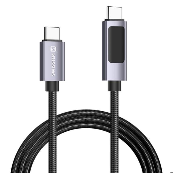 USB-C-kabel - SWISSTEN - 1m - 60W Power Delivery - LED-skärm - Flätad nylon