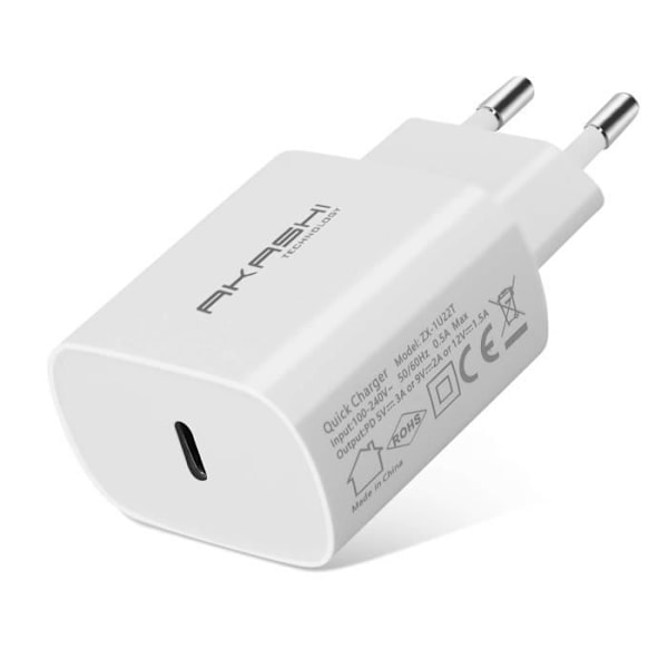 USB Type C vægoplader Power Delivery 18W Hurtigopladning Akashi Hvid