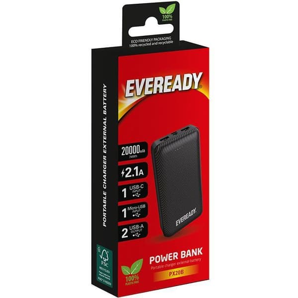 Ulkoakku - ENERGIZER - EVEREADY PX20B - 20000 mAh - USB-A/Micro-USB - Musta Sort