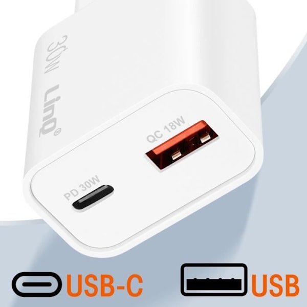 Netoplader USB-port Quick Charge 18W og USB C Strømforsyning 30W LinQ Hvid Vit