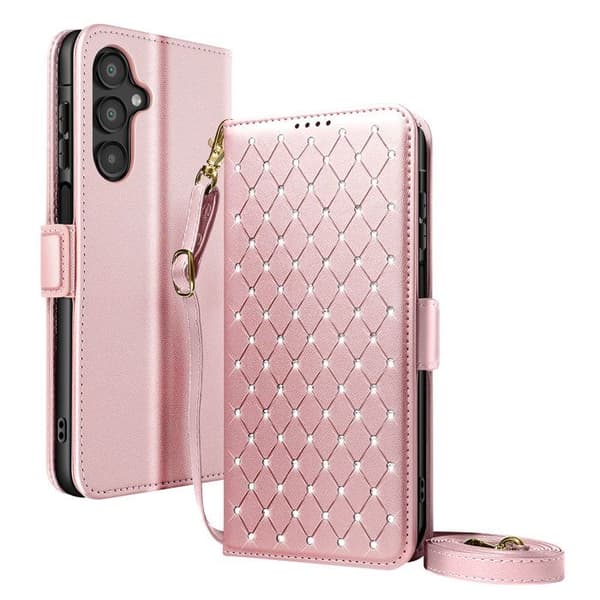 Fodral för Galaxy A16 / A26 / A17 Anti-RFID med axelrem och handledsrem i rosa Ros