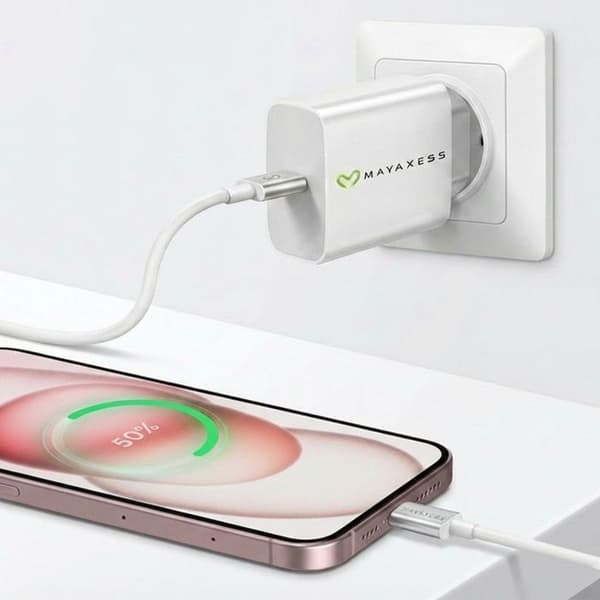 Lader til iPhone 15 Plus 20W + USB-C kabel 1m Mayaxess Hvid Vit