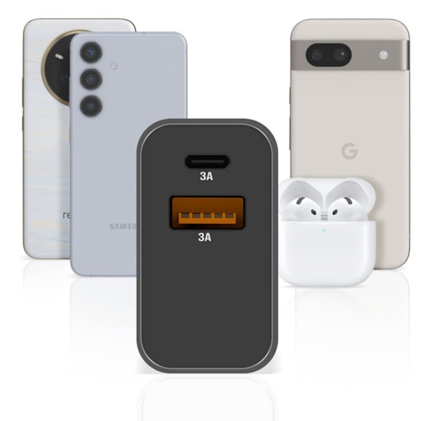 USB-C + USB 15W Hurtiglader Kompakt Akashi Sort Svart