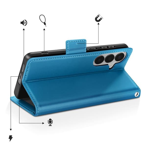 Plånboksfodral för Galaxy S26, sydd läderlook med blå handledsrem Blå