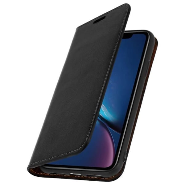 iPhone XR-etui - Ægte læder - Sort - Tegnebog - Videostativ - Kortlommer Svart