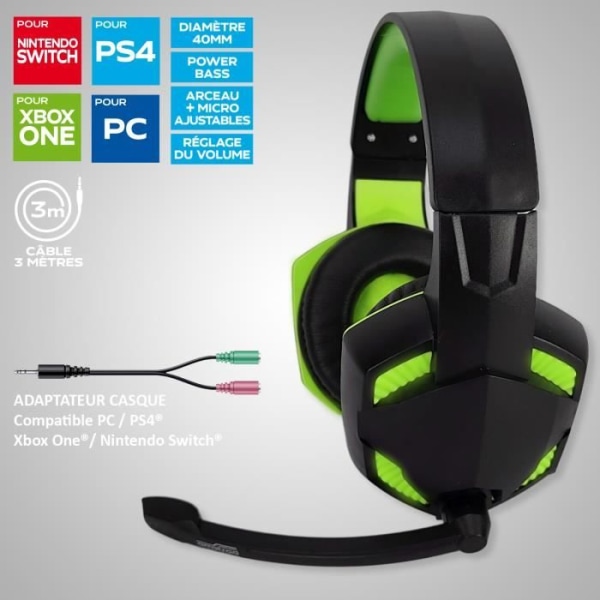 AMSTRAD AMS H855 Green Pro Gamer Headset med LED-bakgrundsbelysning - 40 mm Power Bass med integrerad mikrofon