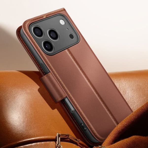 Premium Læder Pung Etui til iPhone 17 Pro Max med Ståfunktion Brun kastanj