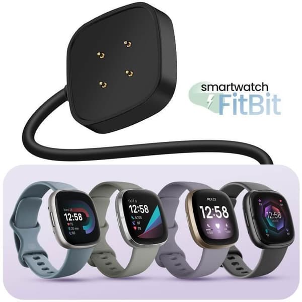 AVIZAR Magnetisk oplader til Fitbit Versa 4, Versa 3, Sense 2 og Sense - 1m sort Svart