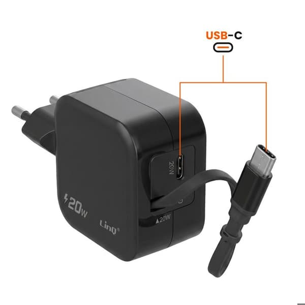 USB-C 20W Lommeoplader med Retractable Kabel og USB-C Port LinQ Sort Svart