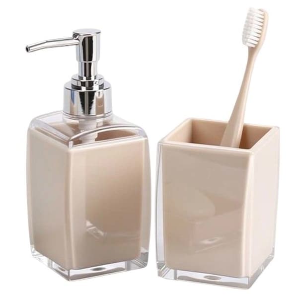 Sæt Badeværelsestilbehør 4 stk. Sæbedispenser, Glas og Sæbeskål Beige