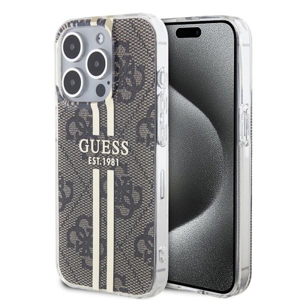 iPhone 15 Pro Max -kotelo - Guess Hardcase IML 4G Gold Stripe (GUHCP15XH4PSEGW) - ruskea