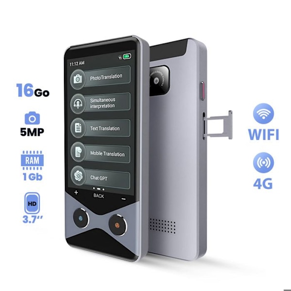 Offline AI oversætter 2-i-1 Telefon 4G Nano SIM 137 sprog Sort Svart